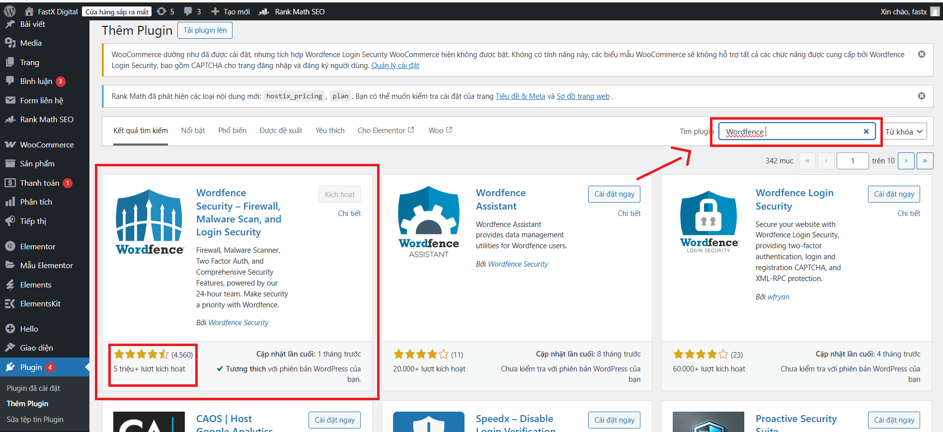 Kết quả tìm kiếm plugin Wordfence Security trên trang “Thêm Plugin”