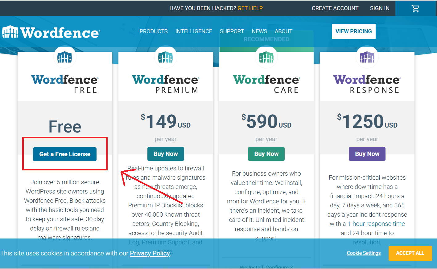 lựa chọn các gói Wordfence Security 
