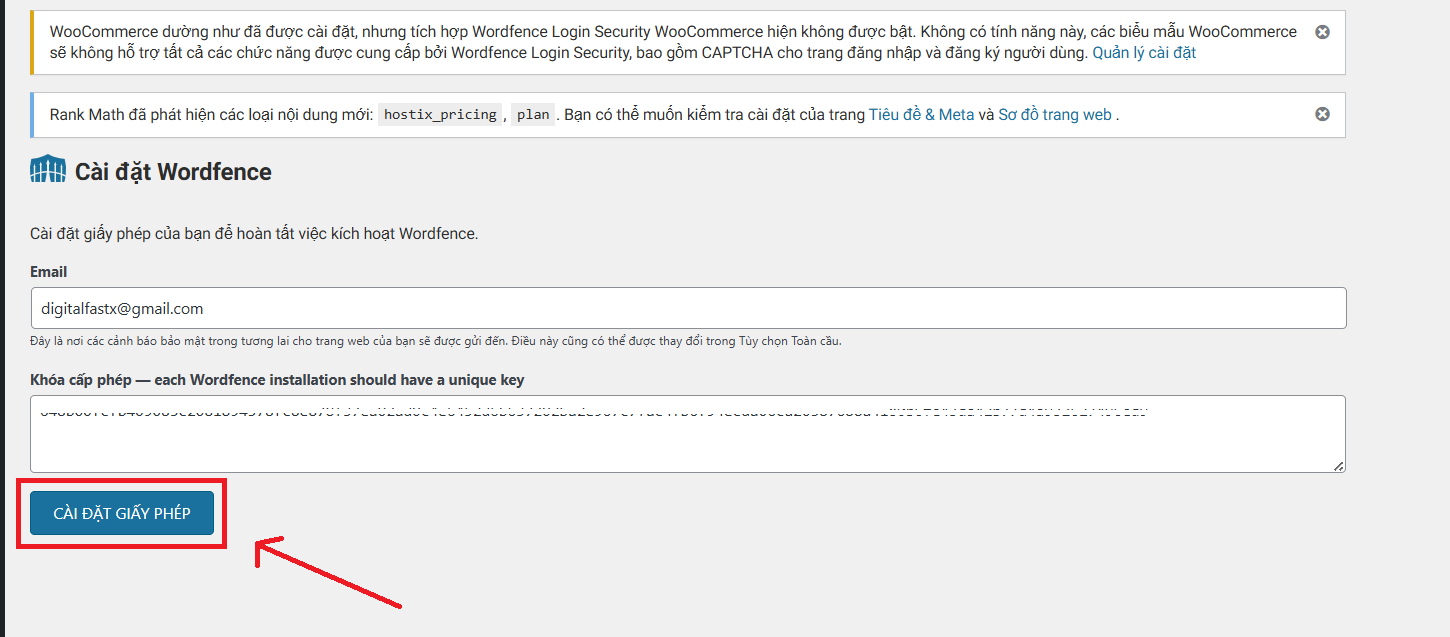 cài đặt giấy phép Wordfence Security miến phí