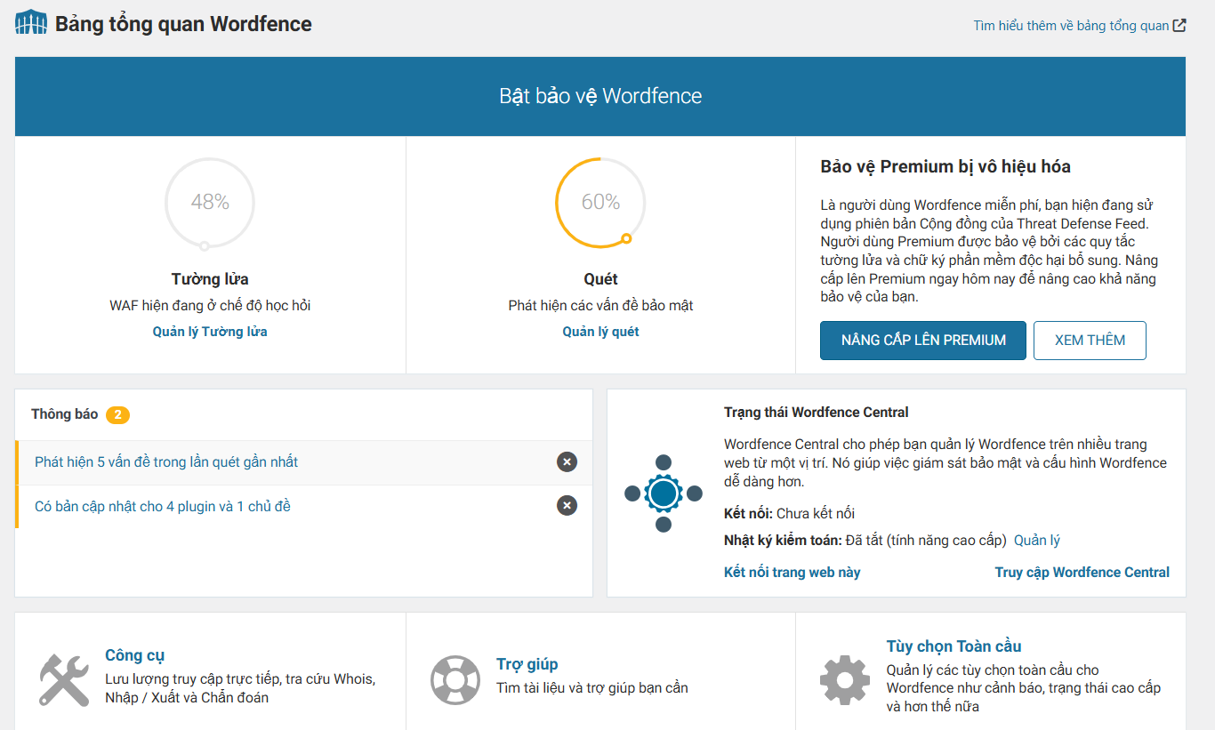 Giao diện Plugin Wordfence Security Trên WordPress