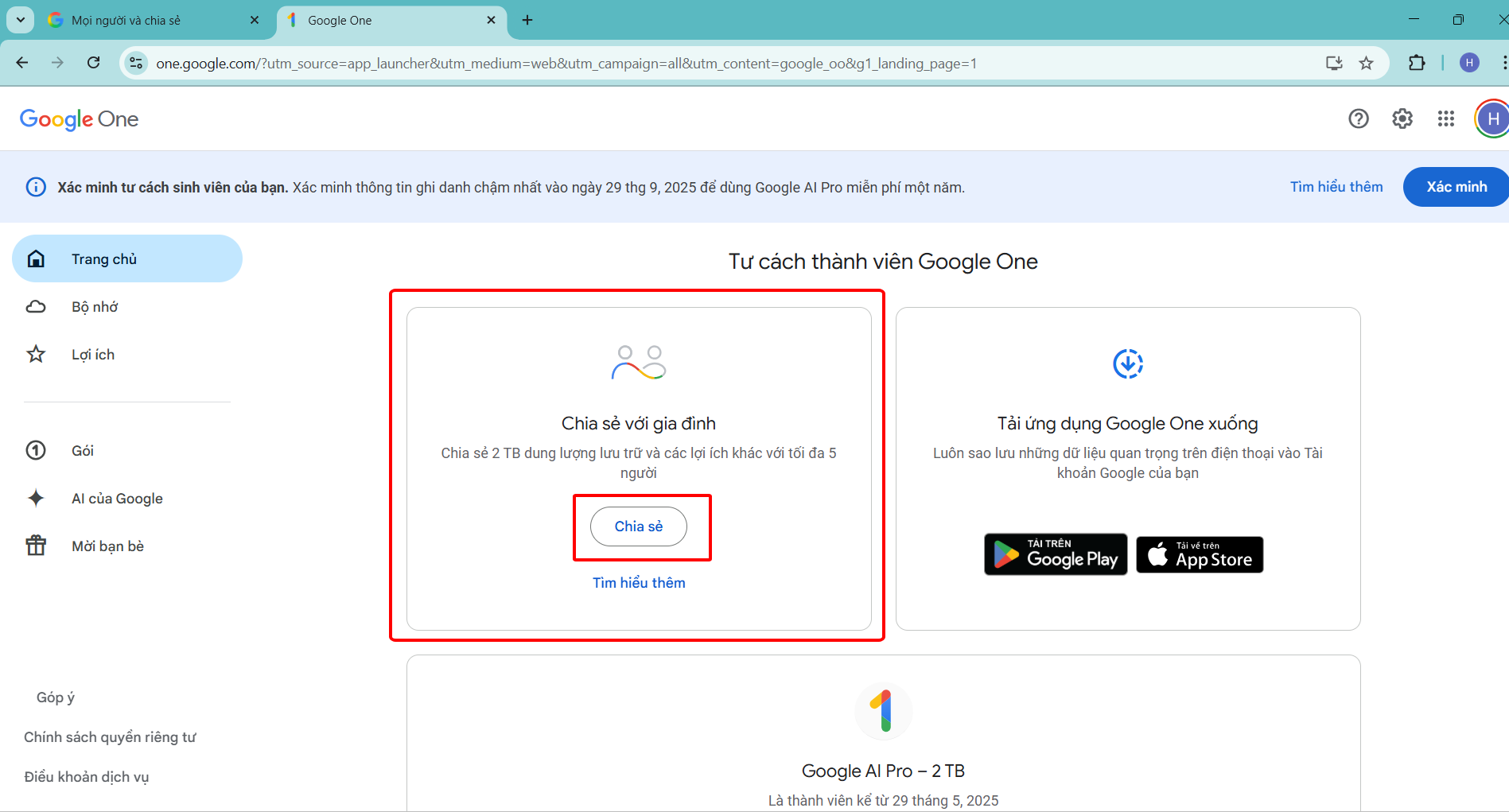 bắt đầu Chia sẻ Google One