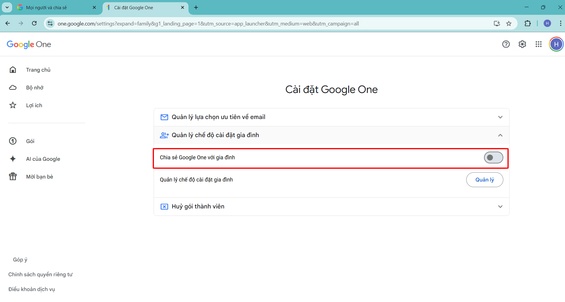 Bật Chia sẻ Google One với gia đình
